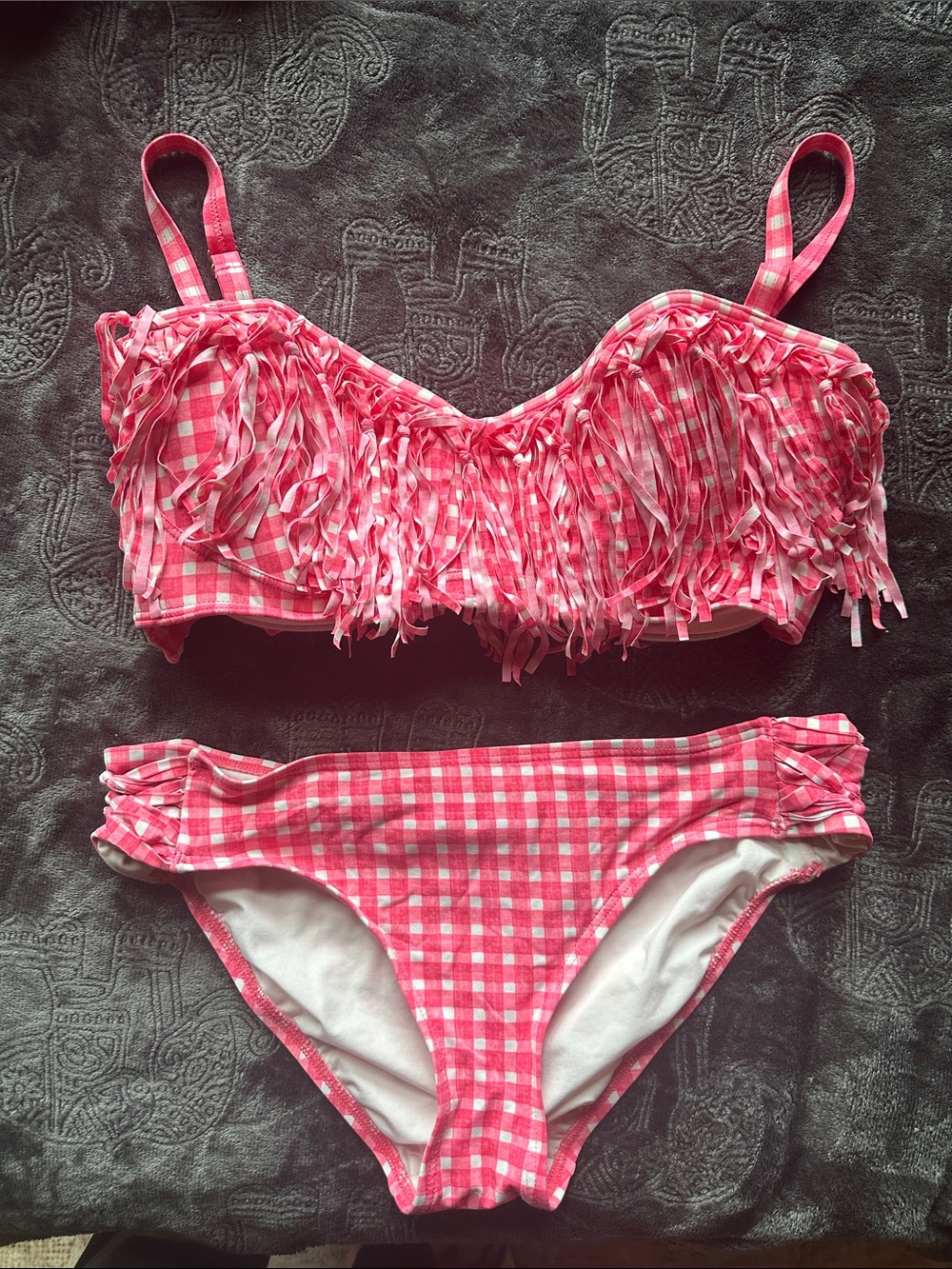 Coco Rave Pink Gingham Bikini Bottom with Fringe Trim